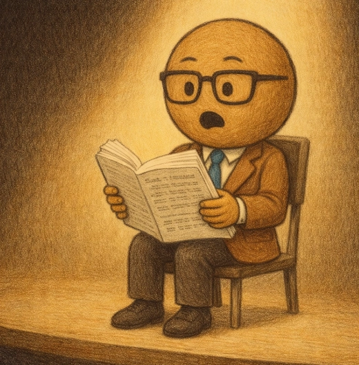 Co is sitting on a stage with a large manuscript in his lap and he has a shocked look on his face as he prepares to read it.