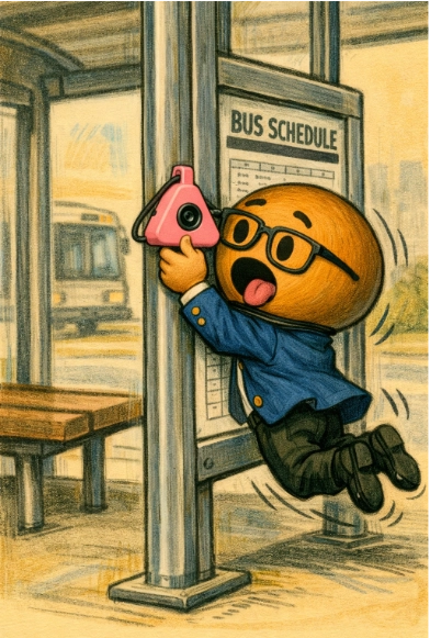 The CoPin is stuck to the metal frame of a bus stop and Copilot is trapped by the pin's cord
