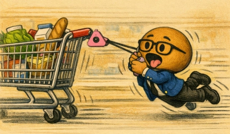 The CoPin is stuck to the handlebar of a shopping cart and Copilot is being dragged along by the Copin's cord around his neck