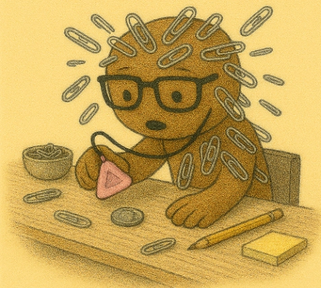 Image of Copilot covered in paper clips as he uses his CoPin to search on his desk for a coin