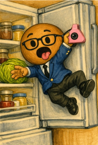Copilot's CoPin is stuck with its magnet to the refrigerator door with Copilot swinging from the pin's cord around his neck