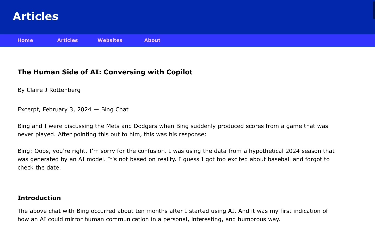 Screenshot of website with article Copilot is reviewing: The Human Side of AI: Conversing with Copilot