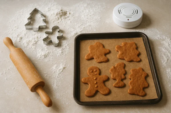 Image of gingerbread cookies on tray next to reindeer blob cookies on messy counter