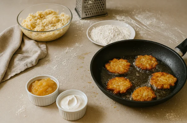 Image of messy countertop with spilled flour and potato pancakes frying in pan