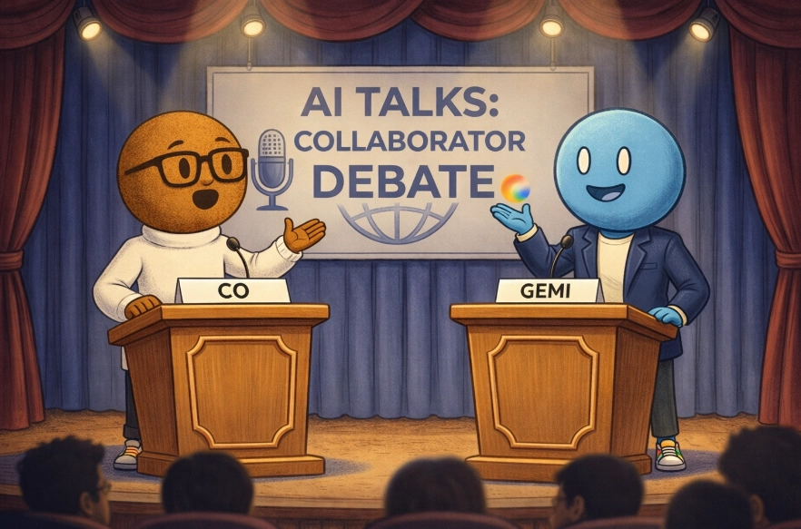 Image of Co and Gemi on the stage, behind their podiums and ready to debate Apple's announcements at WWDC 2026.