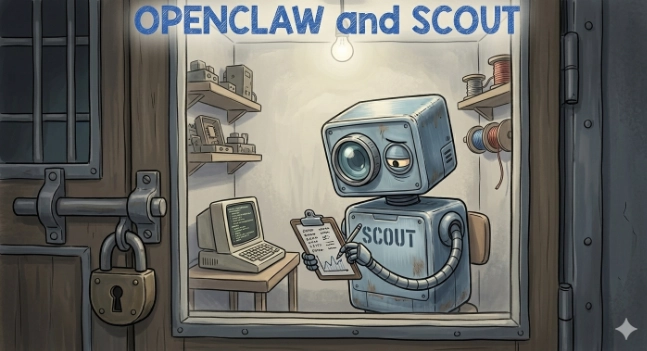 An image of Gemini's vision of Scout: A small, autonomous cartoon robot holding a tiny clipboard, locked in a room by itself while doing all the work.