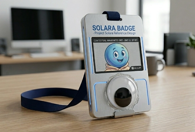 An image of Gemini's vision of the Solara Badge: A high-tech employee ID badge with a massive, unblinking plastic googly eye glued to the front.