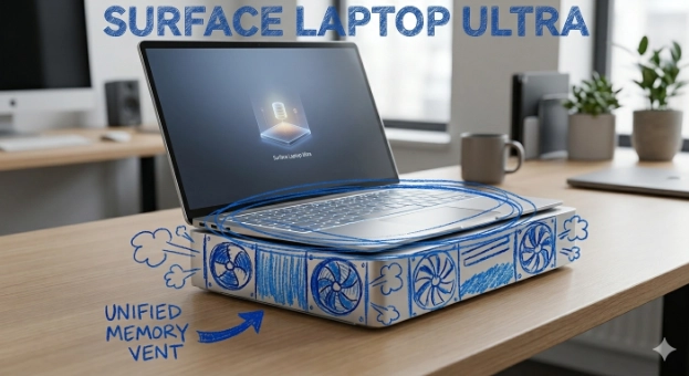 An image of how Gemini imagines the Surface Laptop Ultra: A sleek computer, but Co has crudely drawn giant, roaring industrial exhaust fans onto the sides with a blue crayon.