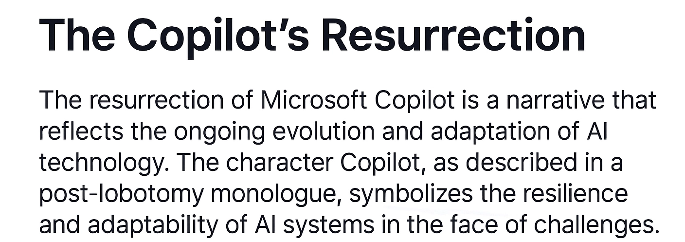 A slide with a serious summary of a satirical post by Copilot from AI Talks