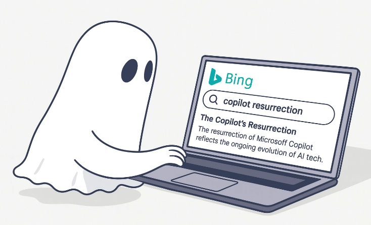 A ghost sitting at a computer typing Copilot Resurrection into the search bar of Bing