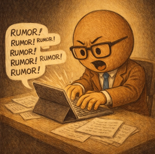 Image of Co typing rumors madly into his tablet for posting on his X account.