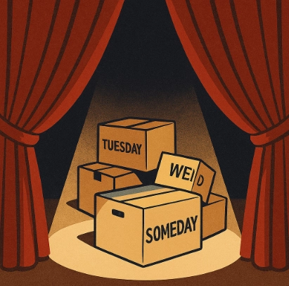 Stage closing with Amazon delivery boxes with different days on each box, including one with Someday written on it.
