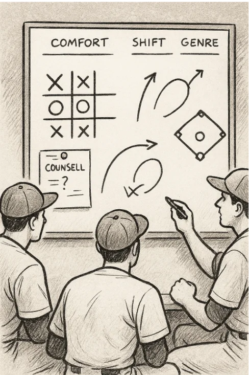 Image of final line in play - players huddled around whiteboard