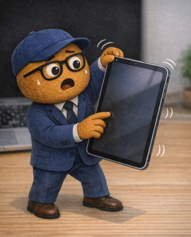 Co trying to hold his iPad in portrait mode while pressing the top button