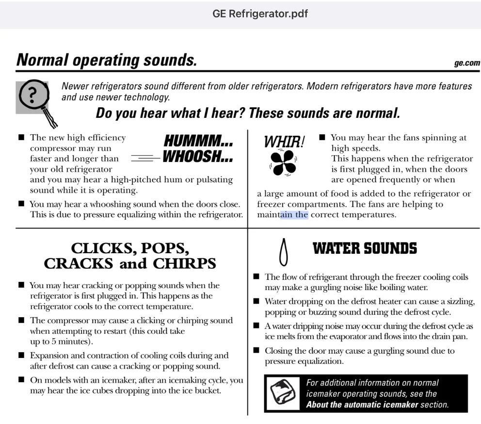 Image of an actual refrigerator manual page that asks, 'Do You Hear What I Hear?' when describing the refrigerator's sounds.