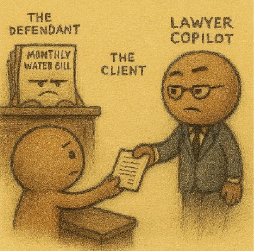 Image of a water bill defendant sitting at a courtroom table. A client hands a water bill to Copilot, the lawyer