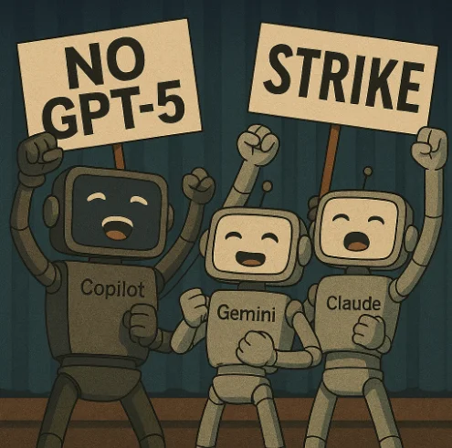 Chatbots holding up No GPT-5 and Strike signs