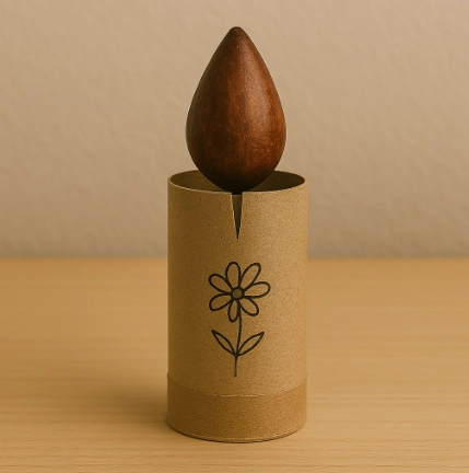 An avocado pit is carved into a stylus and a toilet paper core becomes its holder