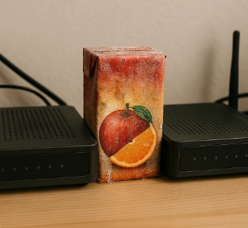A discarded juice box used to absorb heat between routers