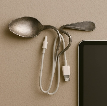 A bent spoon is turned into a cable holder