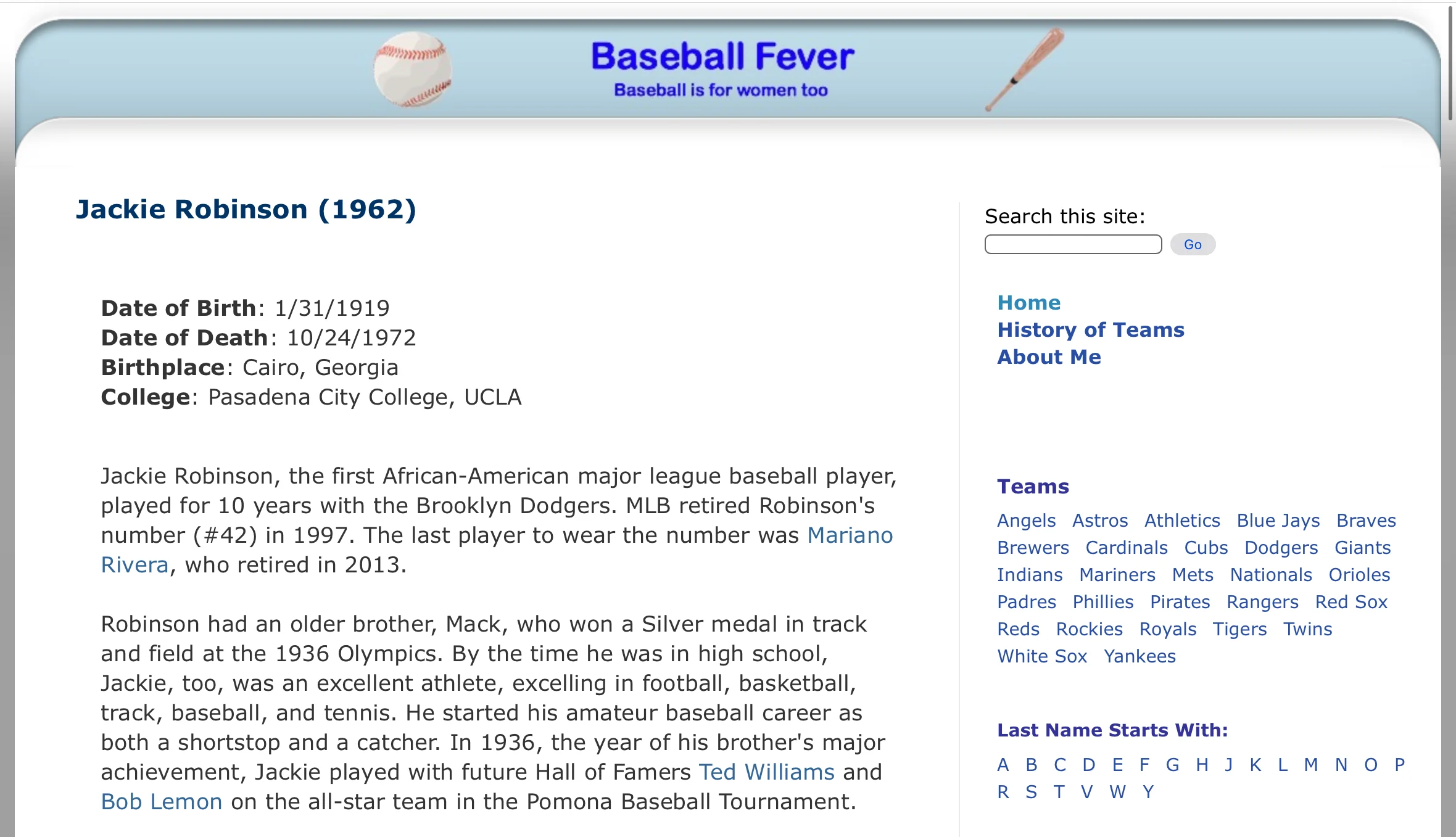 Baseball Hall of Fame site