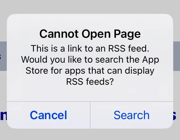 Message that pops up when an rss link is clicked on a website. It says that you need an rss reader to use the link.