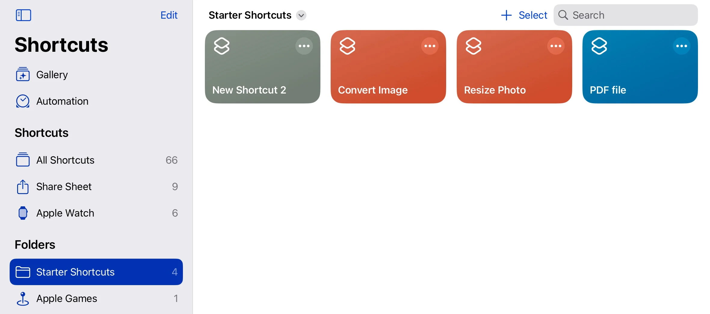 iPadOS 17 shortcuts app main window