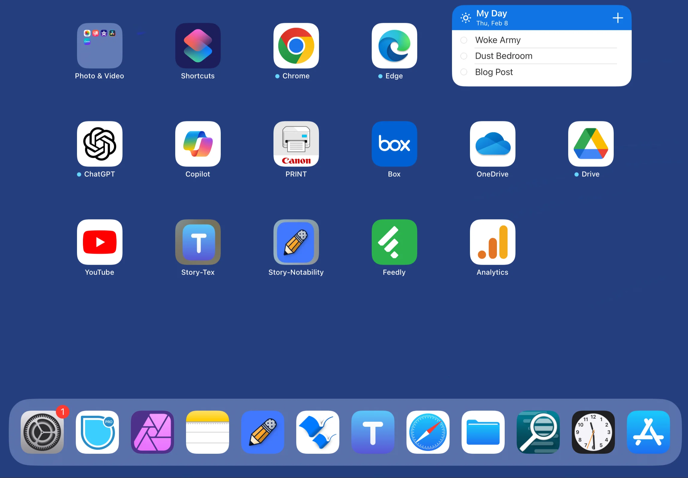 iPad home screen neatly organized with apps, a folder, and a widget