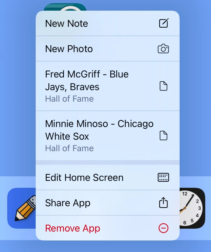 Menu accessed by touching and holding an app in the dock