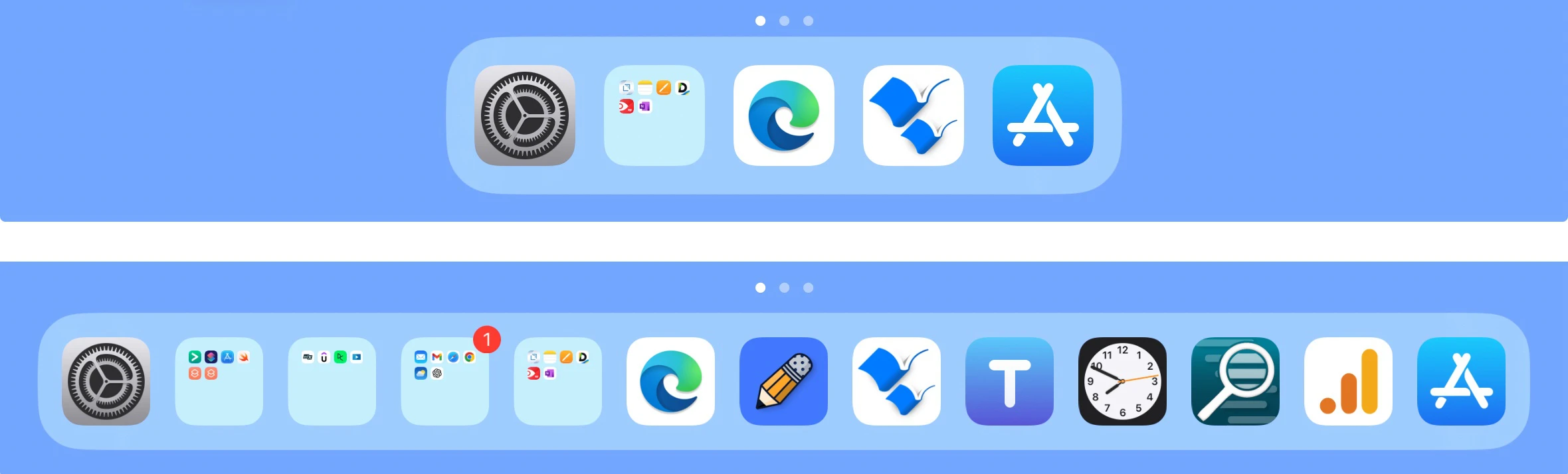 iPadOS 17 dock in two sizes - with a few apps and with many apps, to show how the dock resizes itself as apps and folders are added to it.