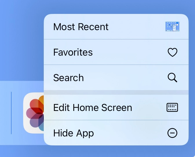 Menu accessed from recent app in dock
