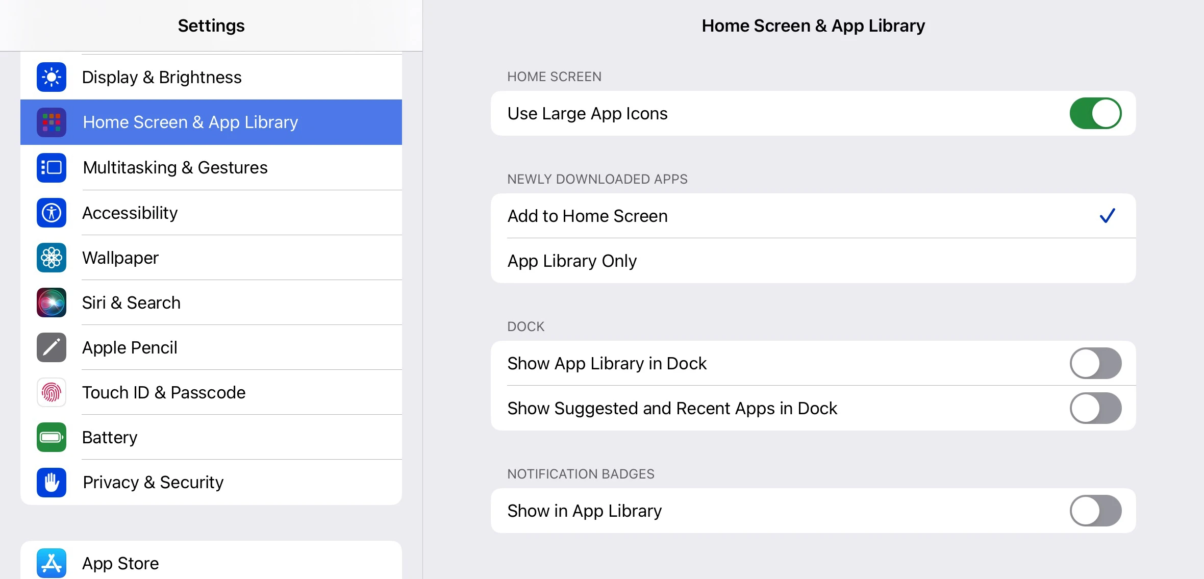 iPadOS 17 home screen and app library settings