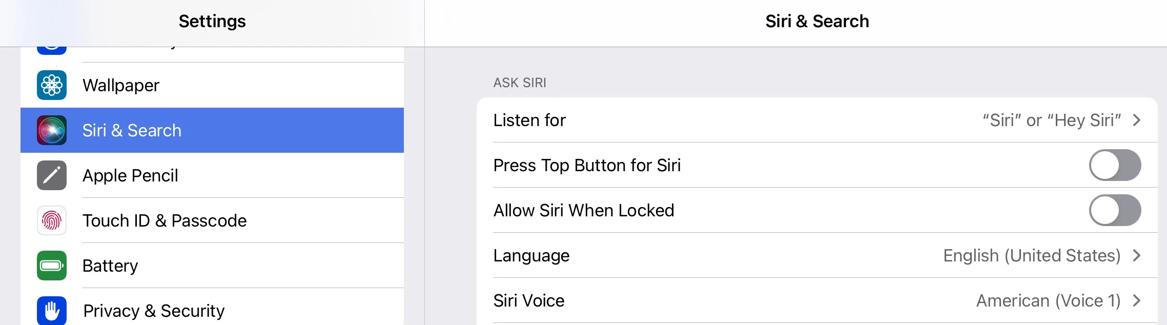 Image of settings for Siri