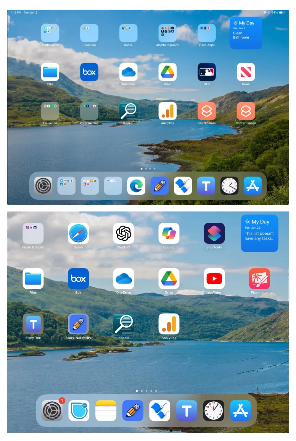 Old home screen filled with folders and new more efficient home screen design