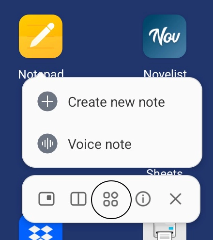 Android app menu with options for widgets, split screen, floating window