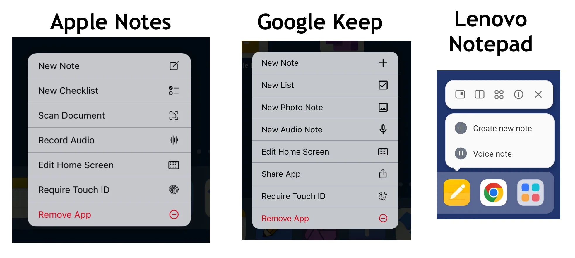 Notepad app menus with options for creating new notes, new voice notes, and lists