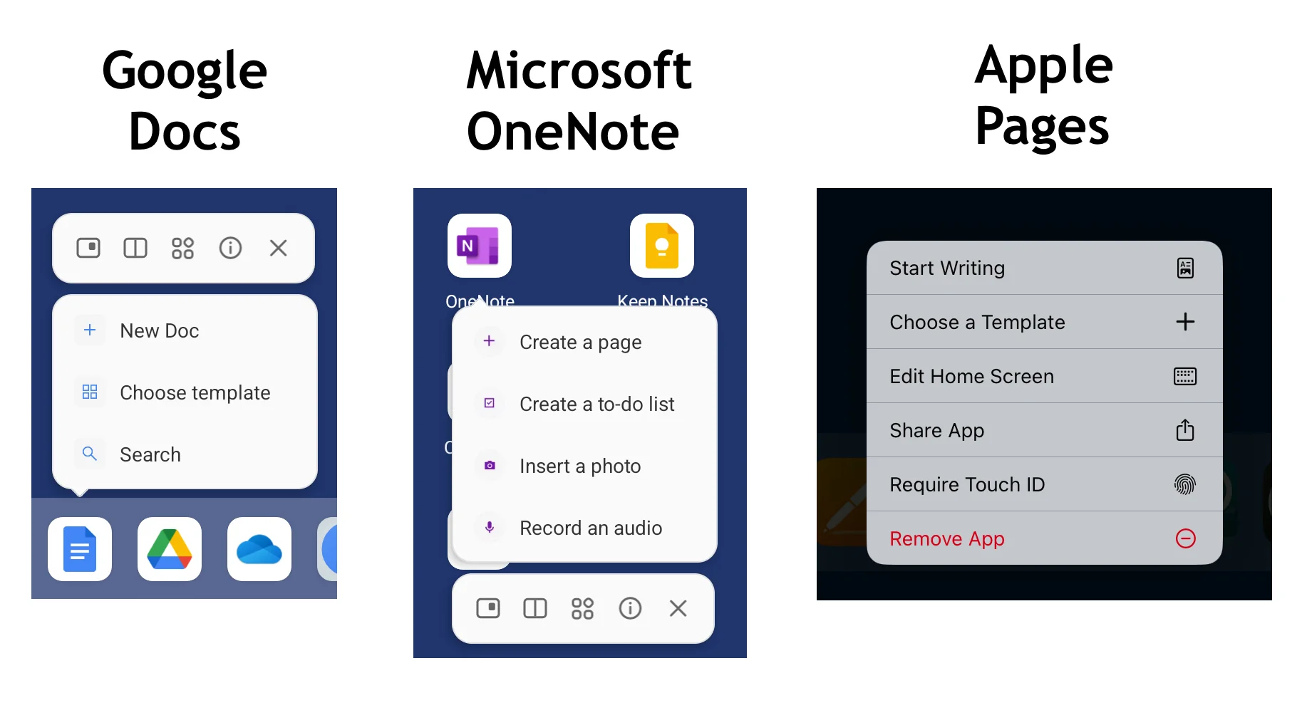Common writing app menu options