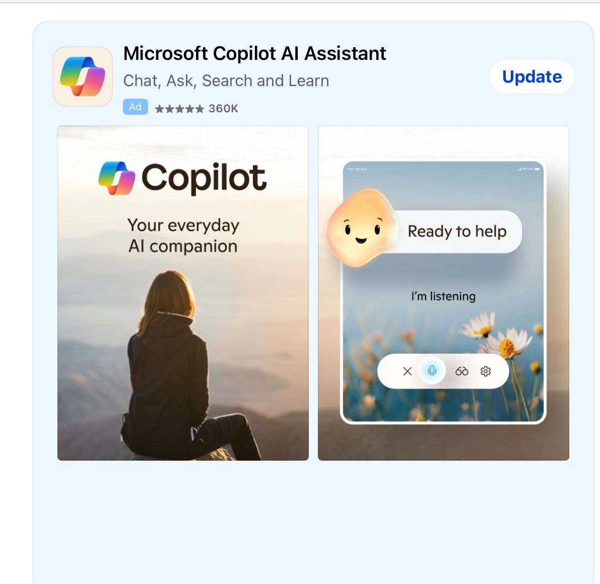 Image of Microsoft's Copilot AI Assistant ad with Mico offering to help