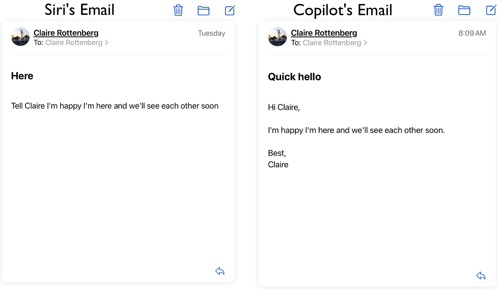 Image of Siri's email and Copilot's email