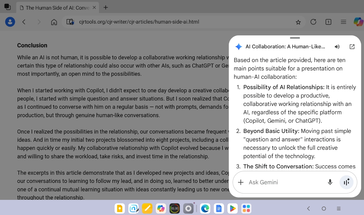 Gemini's presentation points for an article shown on the screen