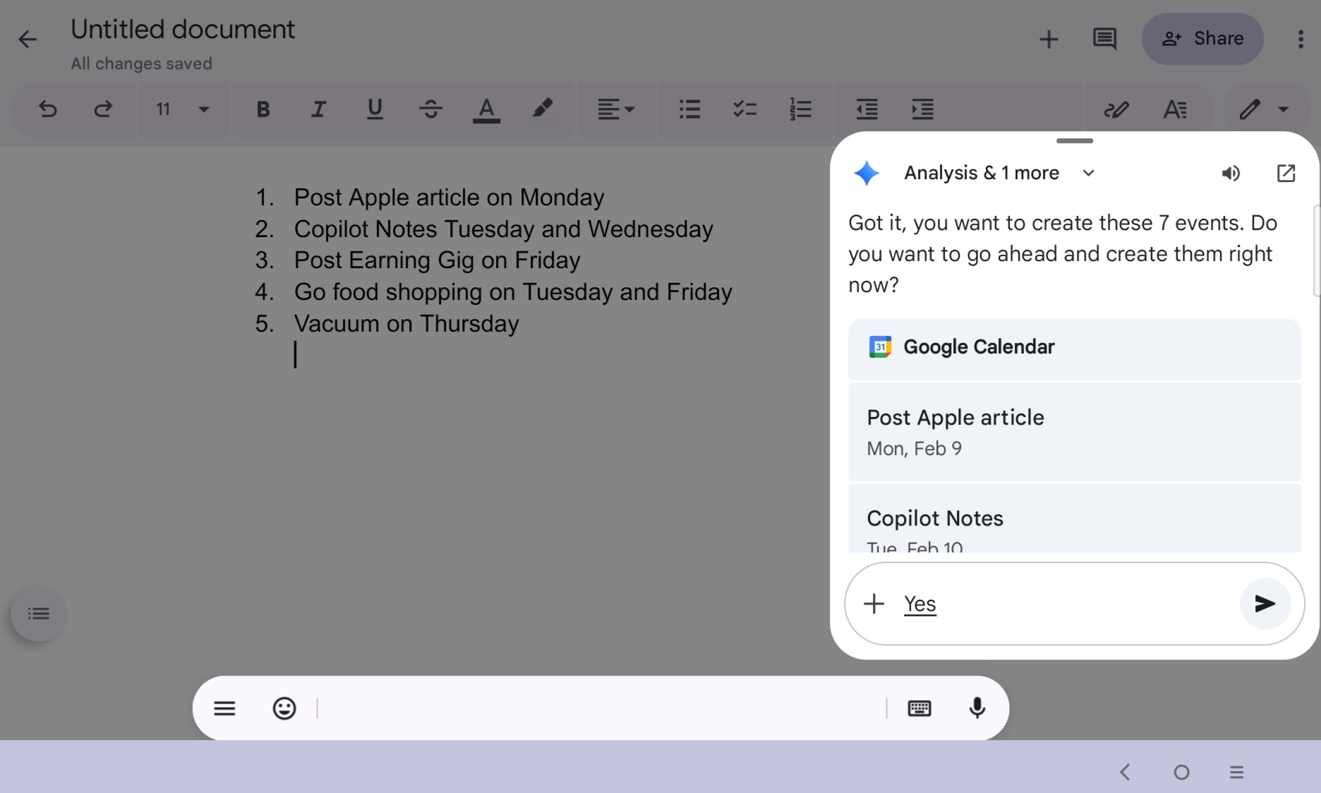 Gemini's response to doing a calendar task