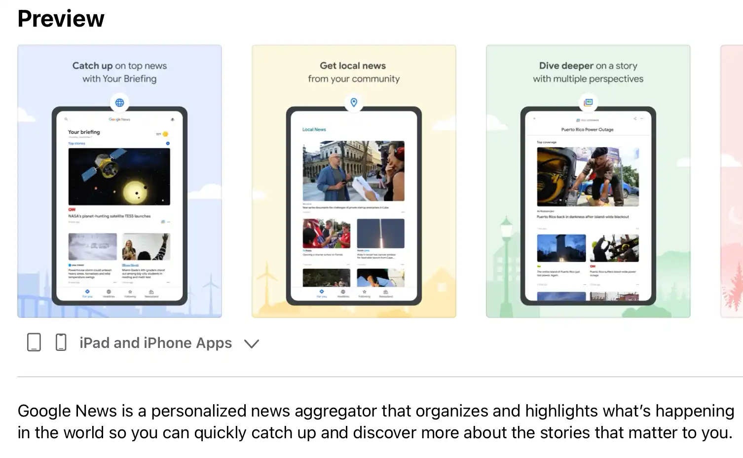 The Google News app for news information