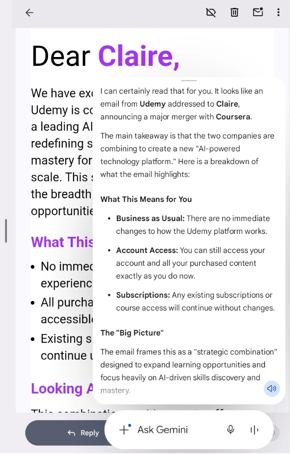 Screenshot of Gemini reading and summarizing an email on a low-end Android tablet