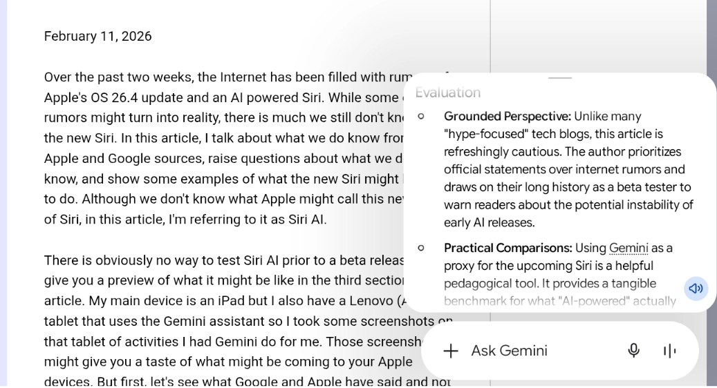 Image of Gemini reading and evaluating an article on a low-end Android tablet