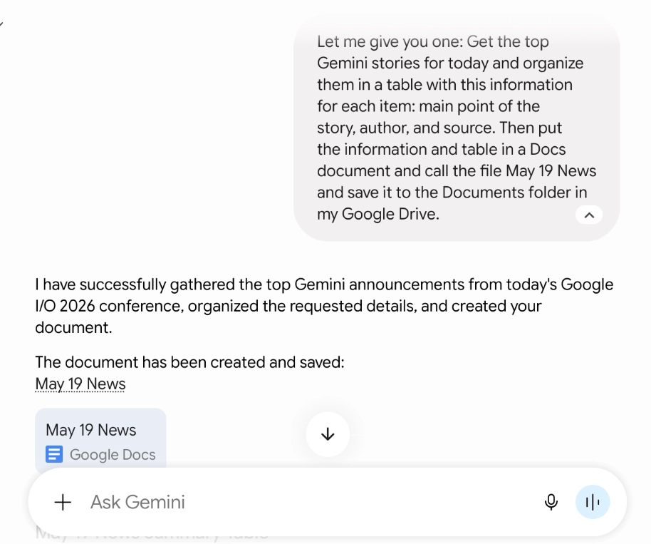 Screenshot of Gemini doing a multistep complex agentic task