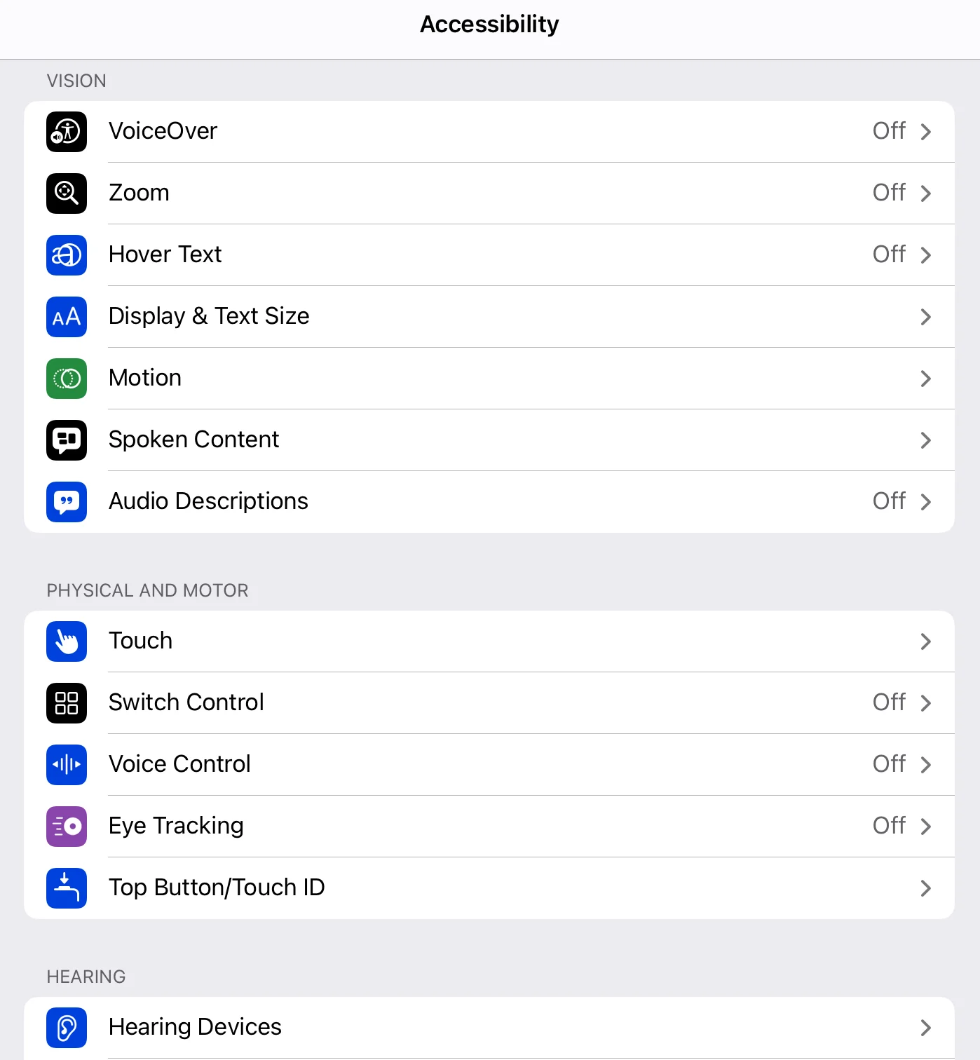 Accessibility settings for tablets
