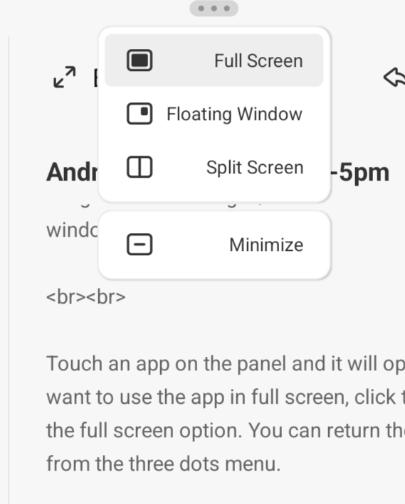 Lenovo floating window options for full screen, split screen, minimize
